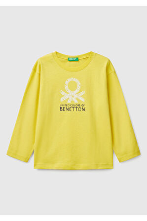 Erkek Çocuk Sarı Benetton Logo Baskılı Uzun Kollu T-Shirt
