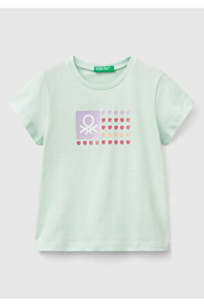 Kız Çocuk Su Yeşili Simli Benetton Logo Baskılı T-Shirt