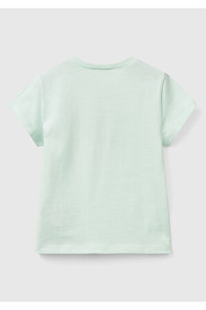 Kız Çocuk Su Yeşili Simli Benetton Logo Baskılı T-Shirt