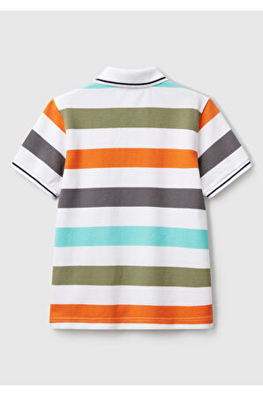 Erkek Çocuk Turuncu Mix Çizgili Logo İşlemeli Polo T-Shirt