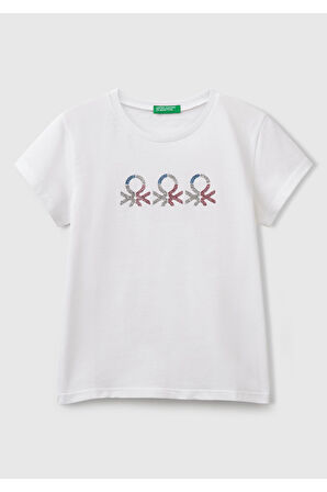 Kız Çocuk Beyaz Simli Logo Baskılı T-Shirt