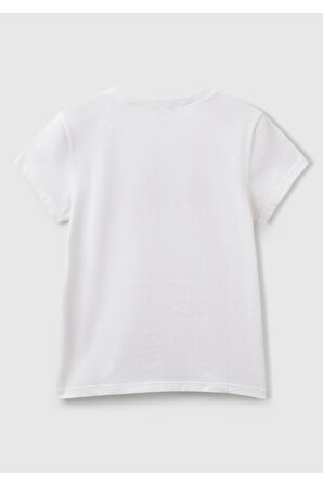 Kız Çocuk Beyaz Simli Logo Baskılı T-Shirt