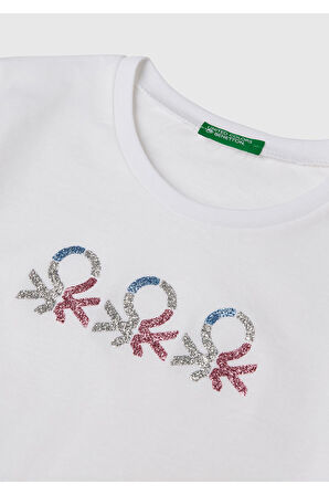 Kız Çocuk Beyaz Simli Logo Baskılı T-Shirt