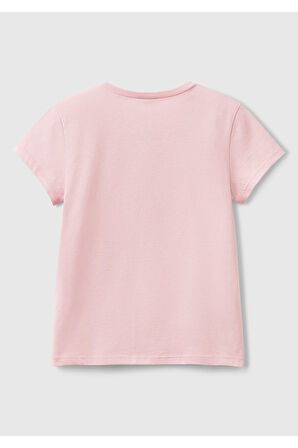 Kız Çocuk Pembe Simli Logo Baskılı T-Shirt