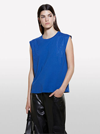 %100 Pamuk Aplikeli Bisiklet Yaka Kolsuz Bluz Kadın Saks Mavisi Bluz - 324A351SL106J