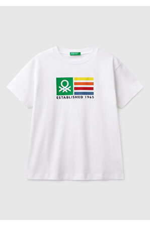 Erkek Çocuk Beyaz Benetton Logo Baskılı T-Shirt