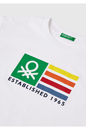 Erkek Çocuk Beyaz Benetton Logo Baskılı T-Shirt