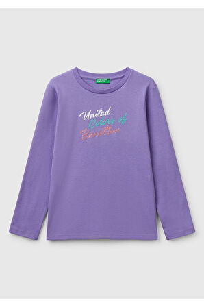 Kız Çocuk Mor Simli Benetton Logo Baskılı T-Shirt