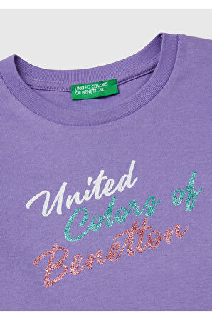 Kız Çocuk Mor Simli Benetton Logo Baskılı T-Shirt