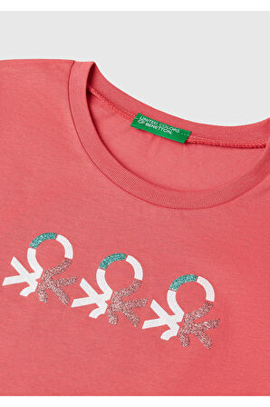 Kız Çocuk Fuşya Simli Logo Baskılı T-Shirt