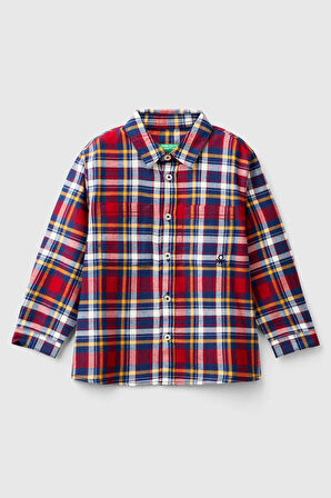 Erkek Çocuk  Önü Cepli Logolu Kareli Uzun Kollu Gömlek - Kırmızı Mix | 12-18AY
