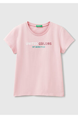Kız Çocuk Pembe Simli Logo Baskılı T-Shirt