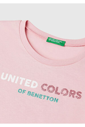 Kız Çocuk Pembe Simli Logo Baskılı T-Shirt