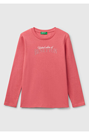 Kız Çocuk Fuşya Simli Benetton Logo Baskılı T-Shirt