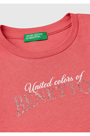 Kız Çocuk Fuşya Simli Benetton Logo Baskılı T-Shirt
