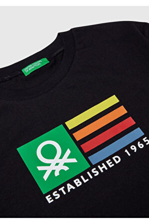 Erkek Çocuk Siyah Benetton Logo Baskılı T-Shirt