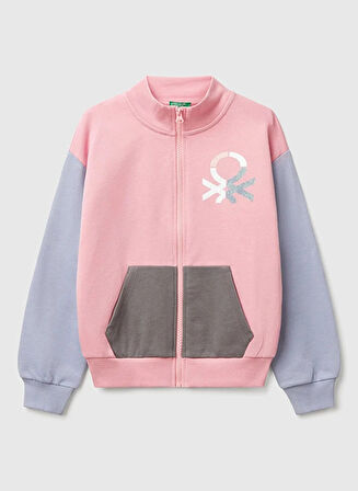 Kız Çocuk Pembe Mix Simli Benetton Logo İşlemeli Fermuarlı Sweatshirt