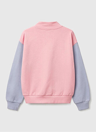 Kız Çocuk Pembe Mix Simli Benetton Logo İşlemeli Fermuarlı Sweatshirt