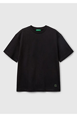 Erkek Çocuk Siyah Baskılı Arkası Logo Etiketli T-Shirt