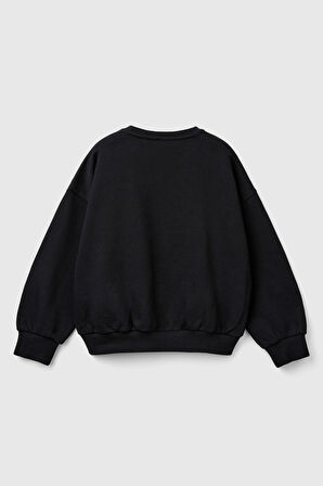 Kız Çocuk Pullu Bisiklet Yaka Sweatshirt - Siyah | 13-14