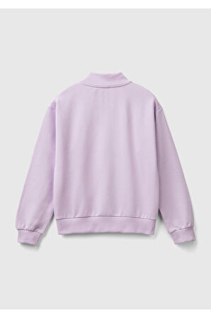 Kız Çocuk Lila Parıltılı Logo Baskılı Fermuarlı Cepli Yüksek Yaka Sweatshirt