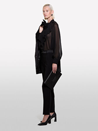 Çiçek Detaylı Önü Fırfırlı Balon Kol Şifon Gömlek Kadın Siyah Gömlek - 324A5W9ELQ081