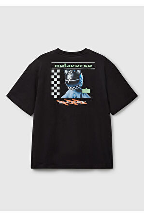 Erkek Çocuk Siyah Baskılı Arkası Logo Etiketli T-Shirt