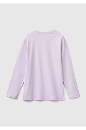 Kız Çocuk Lila Önü Parıltılı Logo Baskılı Regular Fit Uzun Kollu T-Shirt