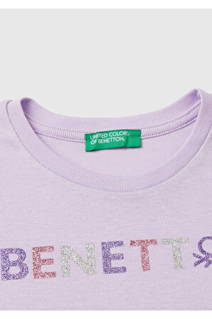 Kız Çocuk Lila Önü Parıltılı Logo Baskılı Regular Fit Uzun Kollu T-Shirt
