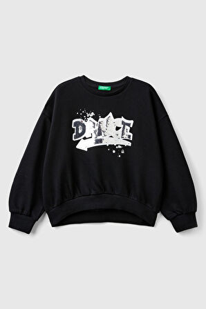Kız Çocuk Pullu Bisiklet Yaka Sweatshirt - Siyah | 6-7