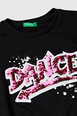 Kız Çocuk Pullu Bisiklet Yaka Sweatshirt - Siyah | 6-7