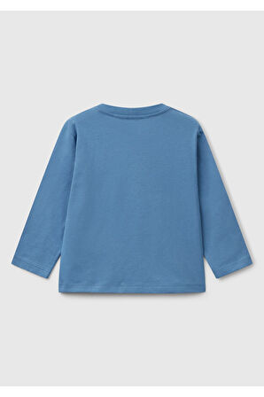 Erkek Çocuk Havacı Mavi Önü Baskılı Bisiklet Yaka Uzun Kollu T-Shirt