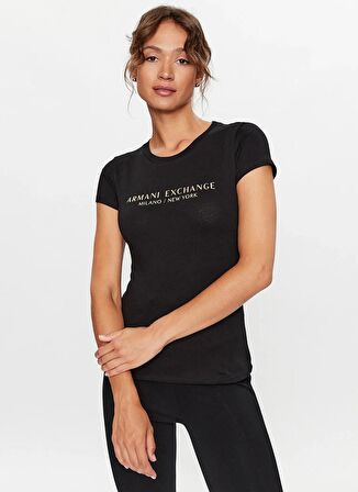Armani Exchange Bisiklet Yaka Baskılı Siyah Kadın T-Shirt 8NYTAB