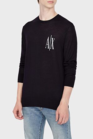 Armani Exchange Bisiklet Yaka Regular Fit Düz Siyah Erkek Kazak 8NZM4R 1200-BLACK