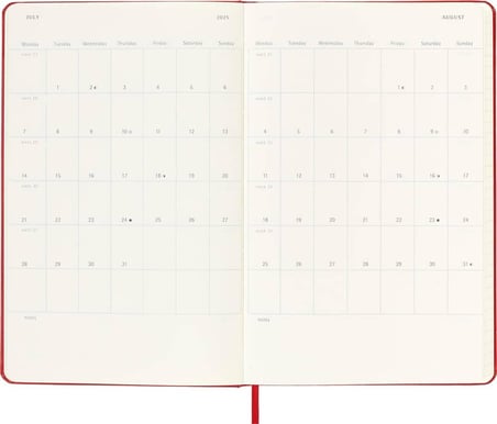 Moleskine 12 Ay Haftalık Ajanda L Boy 13x21 cm Sert Kapak Kızıl Kırmızı