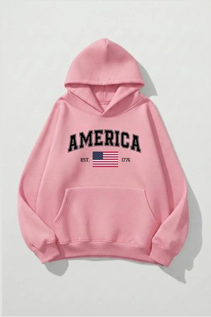Unisex Yumuşak Dokulu America Baskılı Tasarım Oversize 3 İplik Hoodie Sweatshirt