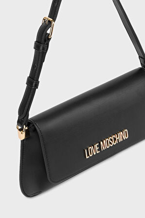 Love Moschino Kadın Ayarlanabilir Omuz Askılı Manyetik Tutturuculu Kabartmalı Logolu Siyah Omuz Çantası JC4058PP0MLO0000