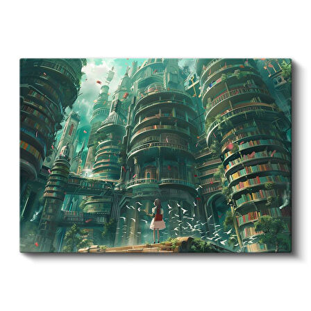 Kitap Kuleleri - Yeşil Şehir Anime Kanvas Tablo