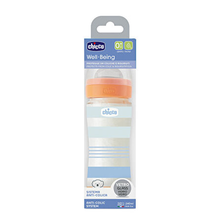 Chicco Wellbeing Yavaş Akış Mavi Cam Biberon 240 ml 0+ Ay