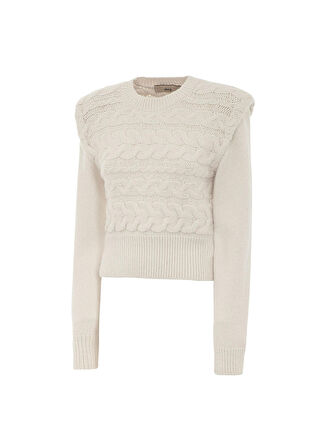 Akep Bisiklet Yaka Normal Desenli Ekru Kazak Kadın MGKD03104