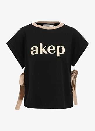 Akep Yuvarlak Yaka Baskılı Siyah Kadın T-Shirt TSKD05204