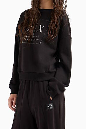 Kadın Logo Baskılı Bisiklet Yaka Sweatshirt - Siyah | S