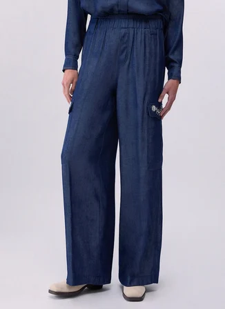 Liu Jo Lacivert Kadın Bol Kesim Nakışlı Denim Pantolon UA6290D489477000