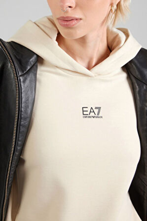 Kadın Kapüşonlu Minimal Logo Baskılı Sweatshirt - Krem | S