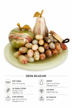 Doğal Oniks Taşı Dekoratif Meyve Seti 6 İnç Düz Tabak 30 Taneli Üzüm 2,5 İnç Elma 2,3 İnç Armut El Yapımı Ev Ofis Dekoru