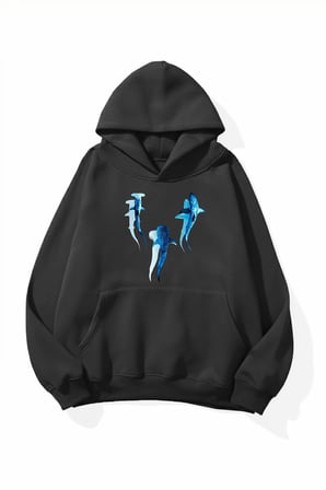 Unisex Yumuşak Dokulu Safir Balinalar Baskılı Tasarım Oversize 3 İplik Hoodie Sweatshirt