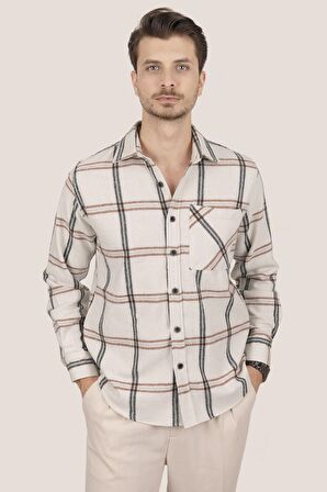 Kemik Beyaz Siyah Çizgili Oversize Kalın Oduncu Gömlek