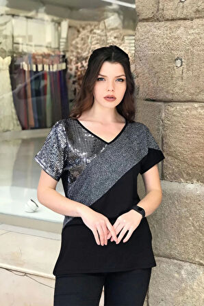 Önü Simli Parçalı Bluz