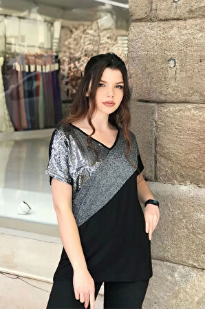 Önü Simli Parçalı Bluz