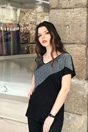 Önü Simli Parçalı Bluz